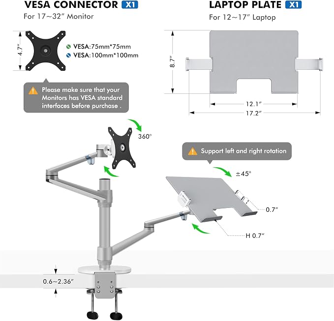Viozon Monitor and Laptop Mount, 2-in-1 Adjustable Dual Arm Desk Mounts Single Desk Arm Stand/Holder for 17 to 32 Inch LCD Computer Screens, Extra Tray Fits 12 to 17 inch Laptops (Silver) - Image 3