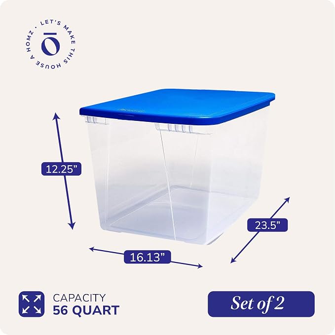 HOMZ 2-Pack Snaplock, Large Clear Plastic Storage Organizer Bins w/Lids, 56 Quart, Blue - Stackable Container Boxes for Bedroom, Bathroom, Garage, and Office Organization - Image 4