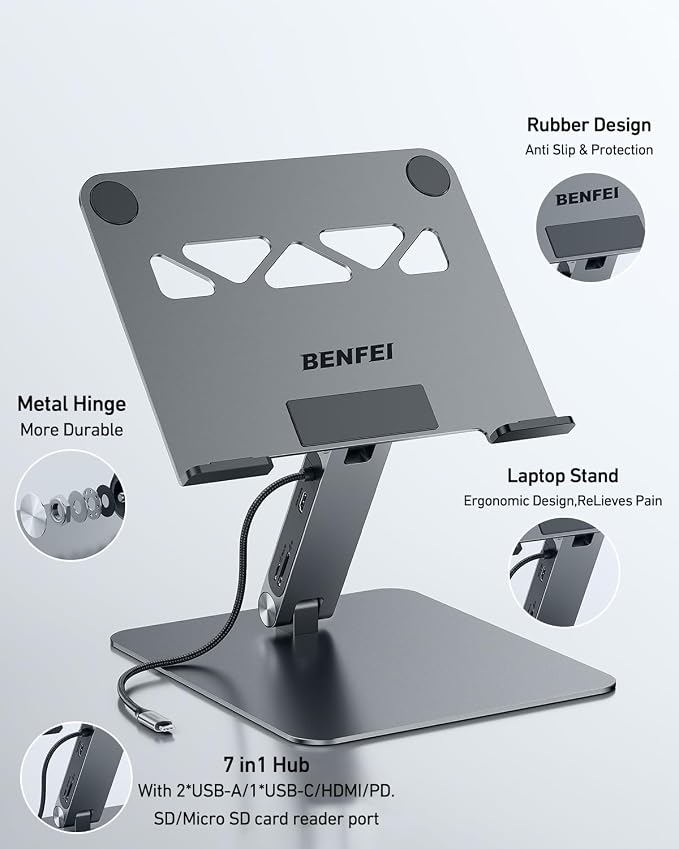 BENFEI Laptop Stand with USB C 7in1 Docking Station,HDMI 4K@60Hz,1*SD 1*Micro SD,100W Power Delivery,10Gbps 1*USB C 3.2 and 2*USB A 3.2 Compatible with MacBook Pro/Air, iPad Pro, XPS, Thinkpad - Image 8