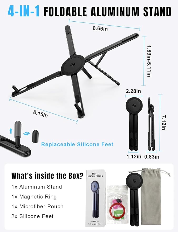 Magnetic Phone Stand & Foldable Laptop Riser, Matte Black Multi-Device Aluminum Desk Mount, N52 MagSafe Tripod Grip for Travel Office, Ergonomic Elevator for MacBook, iPad & iPhone - Image 9