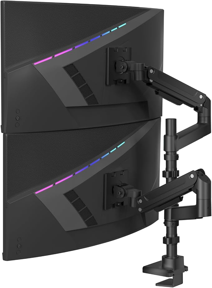 WALI Vertical Dual Monitor Arm for 13-49 inch Curved Screens, up to 44 lbs | Heavy Duty Stacked Ultrawide Monitor Arm, Full Motion with Tilt, Swivel, Rotation, C-Clamp & Grommet Base, VESA 75/100mm by WALI