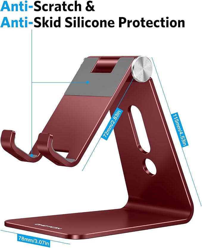 OMOTON C2 Adjustable Cell Phone Stand with Charging Cutout, Cherry Red | Sturdy 3mm Aluminum, Charging Port, 270° Adjustable, Non-Slip Silicone Pads, Works with Thick Cases, for All Smartphones - Image 3