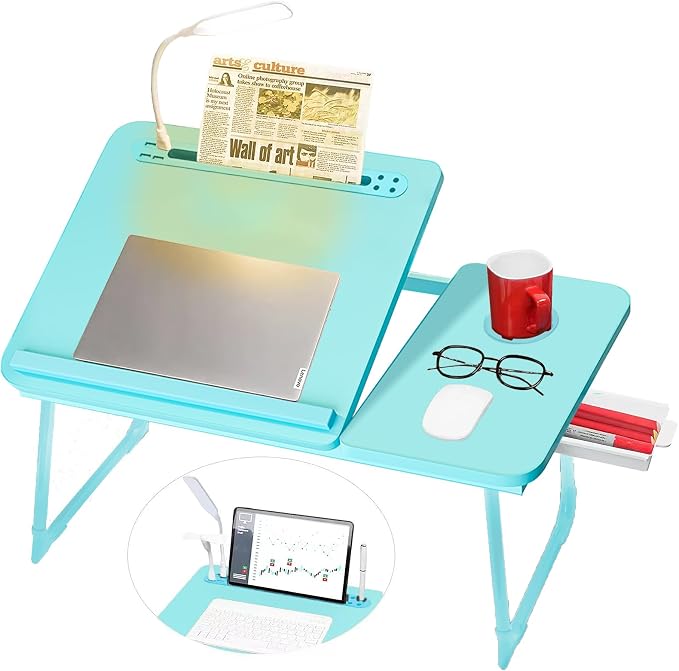 CloudTrip Plus XL Adjustable Laptop Desk with Light, USB Port, iPad Holder, Drawer Storage - Larger 23.6IN Adjustable Lap Desk for Bed, Home Office, Breakfast Tray, Fordable Legs Desk (Light Blue) by CloudTrip