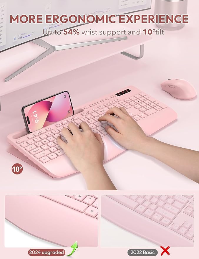Wireless Keyboard and Mouse Combo, Full Size, Ergonomic Wrist Rest | 2.4G Lag-Free, 3-Level DPI, Phone Holder, Silent Typing, KM23D Batteries Powered Set for PC, Laptop, Windows, macOS (Pink) - Image 2