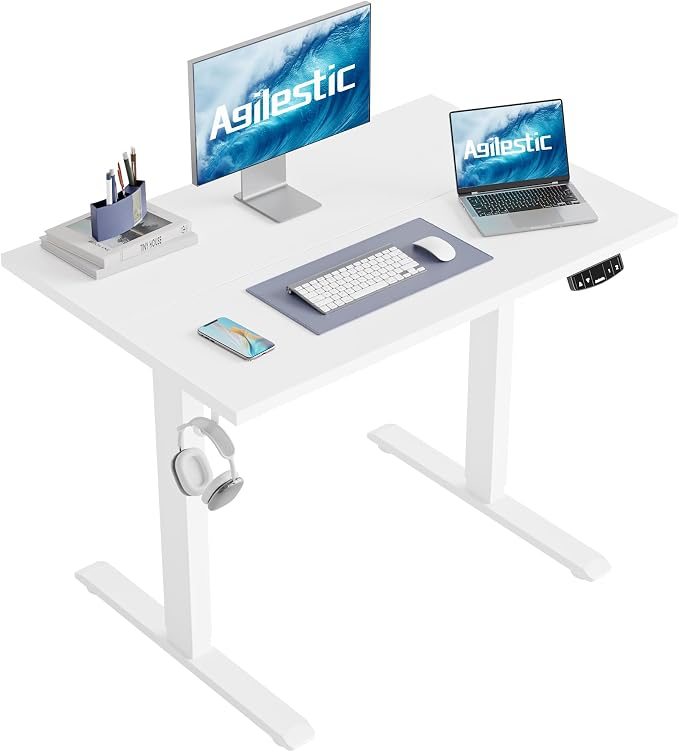 Agilestic Electric Height Adjustable Standing Desk, 40 Inch, White | Sit Stand Up Computer Desk, Extra Wide desktop, Memory Presets, Stable Steel Frame,154 lbs, Easy Assembly, Splice Board by Agilestic
