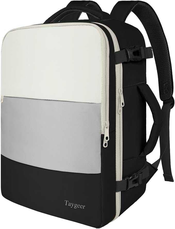 Taygeer Carry On Backpack for Men Women, Laptop Bag 17.3" Flight Approved | Travel Backpack with Water Bottle Pocket & Shoe Pouch, College Teacher Tote Bag for Work Essentials, Beige Gray Black by Taygeer