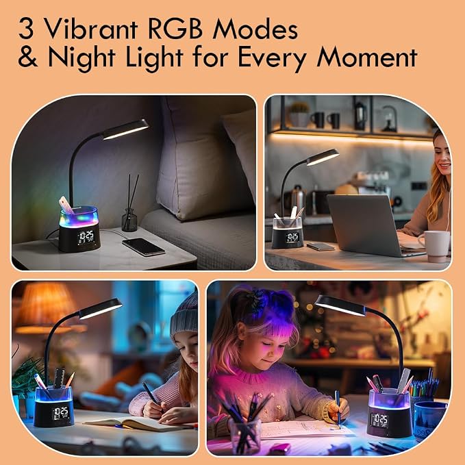 WILIT LED Desk Lamp, Dimmable Study Lamp for Home Office Accessories, Black | Table Lamp with Pen Holder & Clock, USB Charging Port, RGB Night Light, Bedroom & College Dorm Room Essentials for Boys Girls - Image 8
