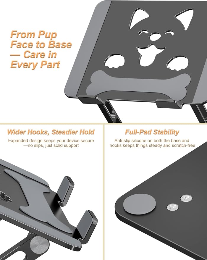 Aoviho Aluminum Laptop Stand for Desk Fit for All 10"-17.3" Laptops, Black | Height-adjustable Notebook Holder, Ergonomic Computer Riser with Unique Puppy Cooling Vent, for Mac, Dell, Lenovo, HP - Image 6