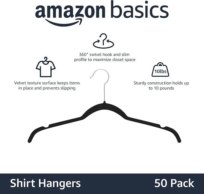 Amazon Basics Space-Saving Slim Velvet Non-Slip Clothes Hangers for Closet Organization, Sturdy with Shoulder Notches, Black, 50-Pack - Image 2