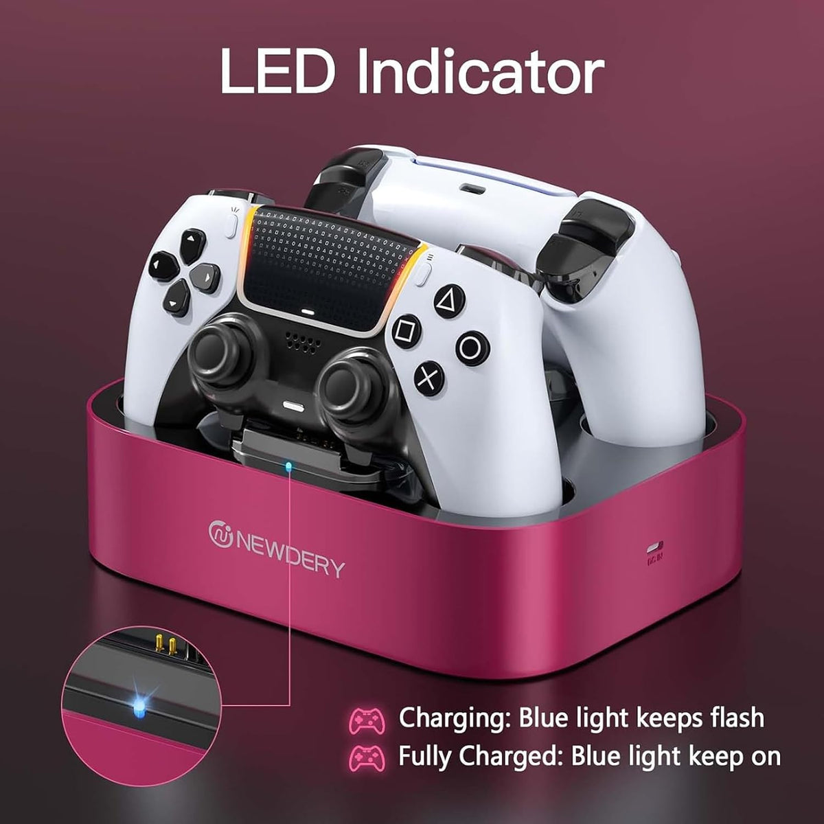 NEWDERY for PS5 Controller Charger Station, Dual Charging Dock for PlayStation 5 DualSense/Edge Controller, Fast Charging Stand with Type-C Cable, Gamer Gift for Women & Girls, Mother's Day - Image 4