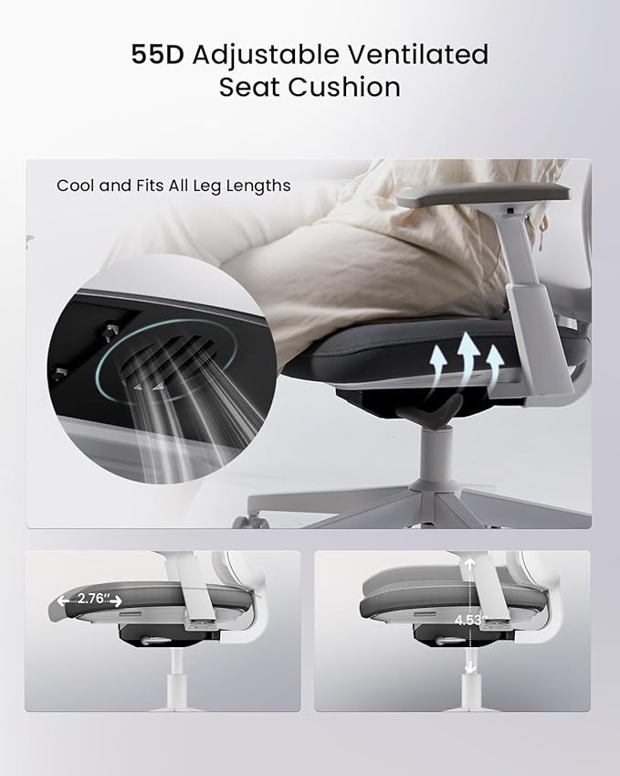 ProtoArc Flexer Ergonomic Office Chair for Women, White | Foam Sliding Seat, Airflow Mesh Back, Hair-proof Casters, Easy Assembly, Fits 5'1"-6'0", Sleek Minimalist, for Small Spaces - Image 5
