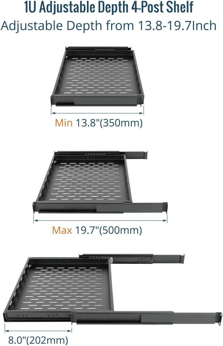 Tecmojo 1U Sliding Rack Shelf,4-Post Vented Rack Mount Shelf,13.8in Deep with Adjustable Mounting Depth 13.8-19.7in,Supports to 110lbs,for 19 Inch AV/Network Equipment Rack,Unassembled,Black - Image 3