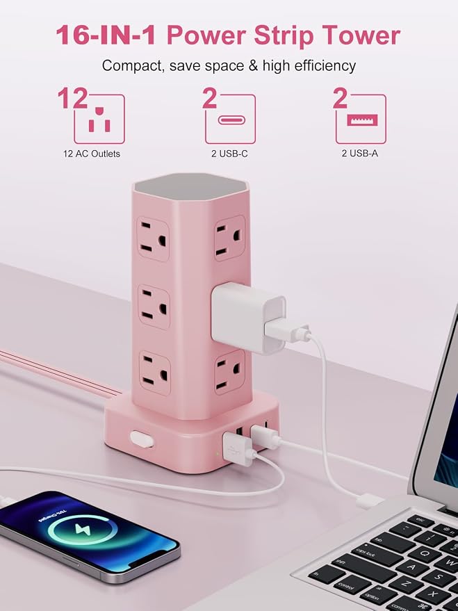 Power Strip Tower Surge Protector, 6FT Flat Plug Extension Cord with Multiple Outlets, 12 AC Outlets 4 USB (2 USB C), Desktop Charging Station with Surge Protection for Home Office Dorm Room, Pink - Image 2