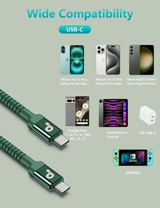 USB C Cable 3FT, 2Pack USBC to USBC Fast Charging Cable 66W, iPhone USB C | Charger Cable Short USB Type C to C Cord Nylon Braided for iPhone 17/16/15/Pro Max/Plus/Samsung Galaxy S23/LG and More-Green - Image 8