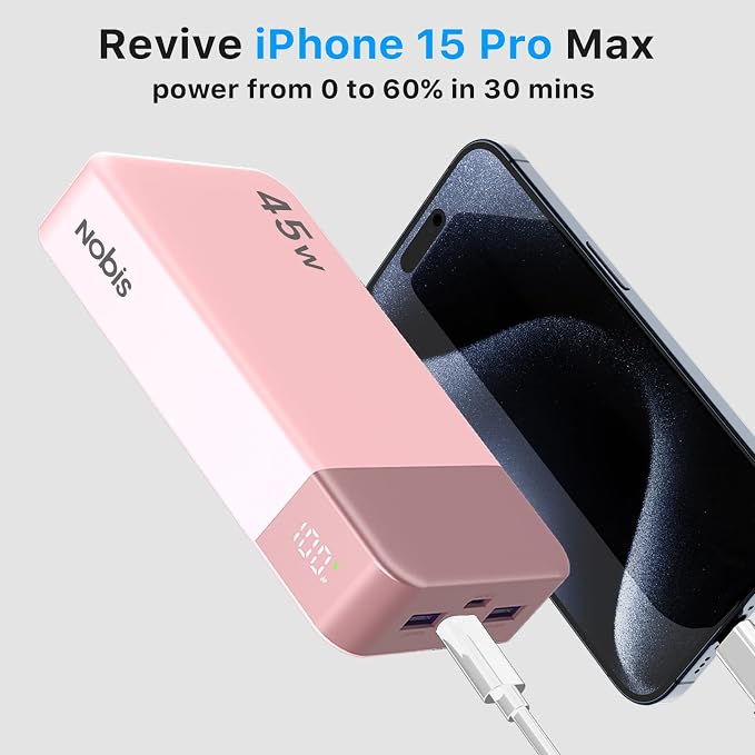 NOBIS Portable Charger 45W 20000mAh Power Bank Fast Charging | 2C+2A Battery Pack with C to C Cable, Battery Bank with Digital Display for iPhone Android Laptop etc - Image 2