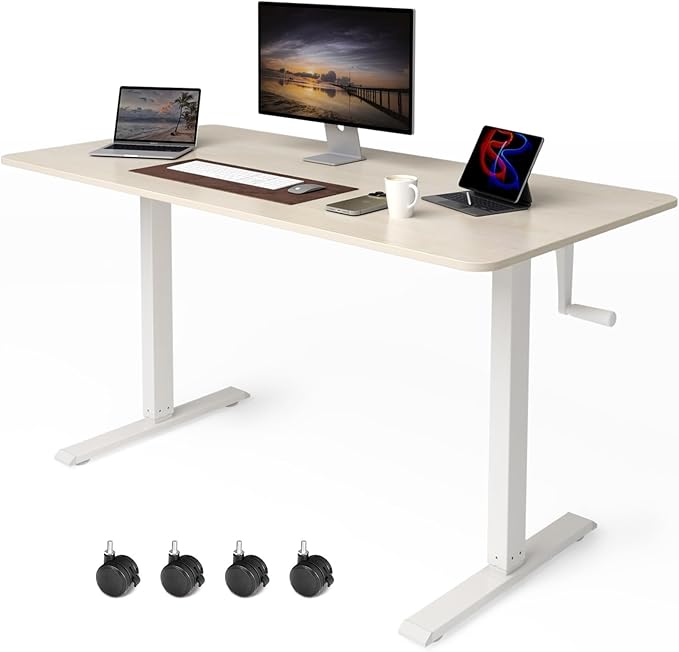 Whole Piece Manual Standing Desk Adjustable Height with Lockable Casters- Hand Crank Stand up Desk with Wheels, Mobile Sit to Stand Workstation with Handle by iWkstationUS