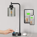 Industrial Bedside Desk Lamps for Bedroom - Grey Smoked Glass Shade Table Lamp with USB C Port, Fully Dimmable Small Lamps with USB Port and Outlet, Reading Nightstand Lamps for Office Living Room by Innqoo