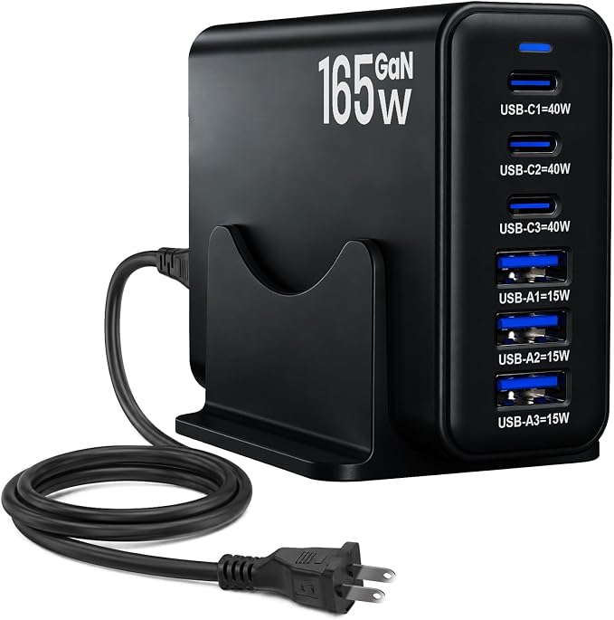 165W GaN Charging Station, 6-Port USB C & USB A Charger, Black | 165W GaN, 6-Port USB Charging Station, 3x40W USB-C + 3x15W USB-A, ABS+PC, Charge 6 Devices, Home Office Travel by Unknown