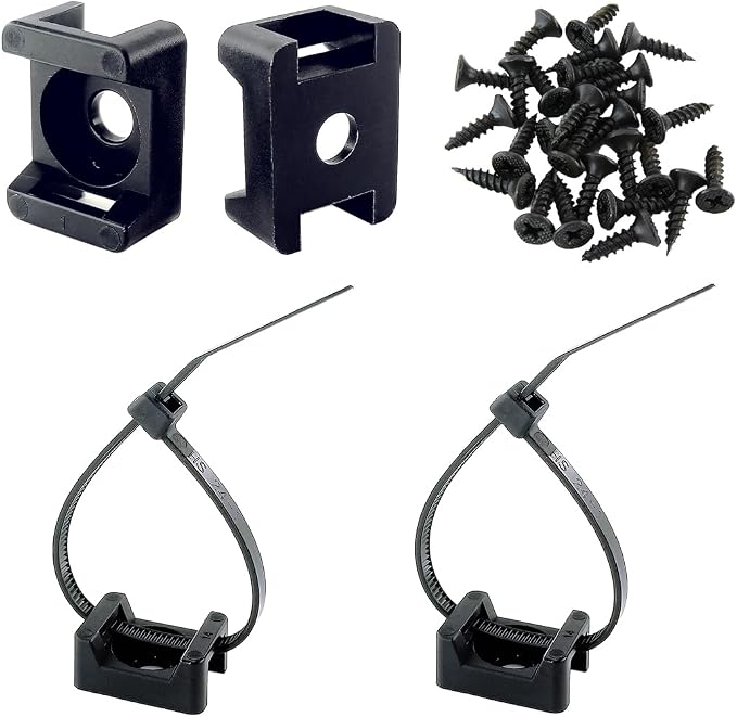 HS Saddle Type Cable Zip Tie Mounts Base Kit with Screw Hole,Set Strong 6 Inch Nylon Cable Ties and Screws Each 100 PCS,Wire Clips Anchor Management Fastener for Baseborad,Wall or Desk,Black by HS