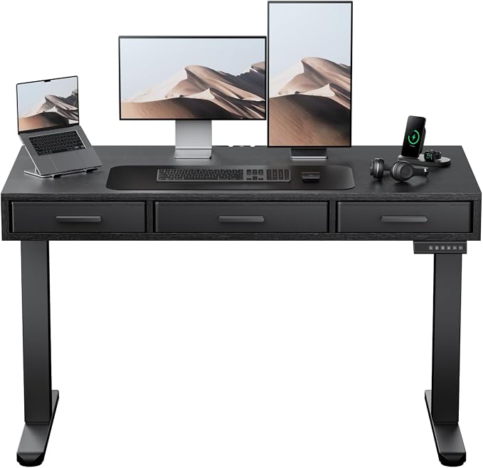 HUANUO Electric Standing Desk with Drawers, C-Clamp Mount Compatible, 48 x 24 Inch Height Adjustable Sit Stand Desk, Fabric Drawers, Home Office Stand Up Desk with 4 Custom Height Settings, Black by HUANUO