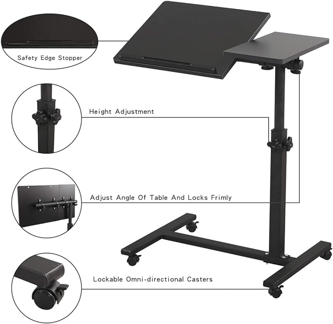 TigerDad Overbed Bedside Desk Mobile Rolling Laptop Stand Tilting Overbed Table with Wheels Height Adjustable Tray Table for Laptop Bed Sofa Side Table, Home & Hospital Use (Black) - Image 5