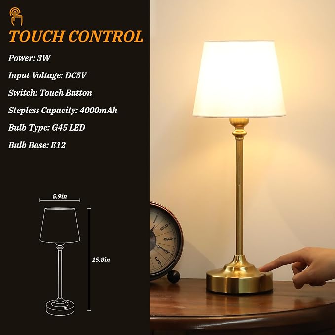 Kakanuo Cordless Table Lamps Rechargeable Set - 2 Pack Gold 4000mAH Battery Operated Lamps for Decor, 3000K Stepless Dimming Touch Wireless Lamp for Bedroom, Dining Table, Living Room, White Shade - Image 5