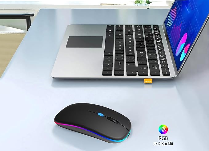AIKOKOK Wireless Bluetooth Mouse, Rechargeable Dual Mode Mouse, Black | BT 5.2 & 2.4G USB Receiver, 3 Adjustable DPI,LED Lights,Slim,Silent,Portable Computer Mouse for Laptop,PC,MacBook,iPad,Tablet - Image 3