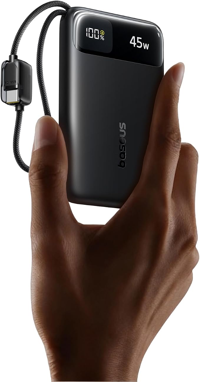 Baseus 45W Ultra Slim 10000mAh Power Bank Built-in USB-C Cables, CCC Certified Portable Charger, Travel Essential Fast Charging Pocket Size Phone Battery Pack for iPhone 17 16 Samsung S25 S24 iPad by Baseus