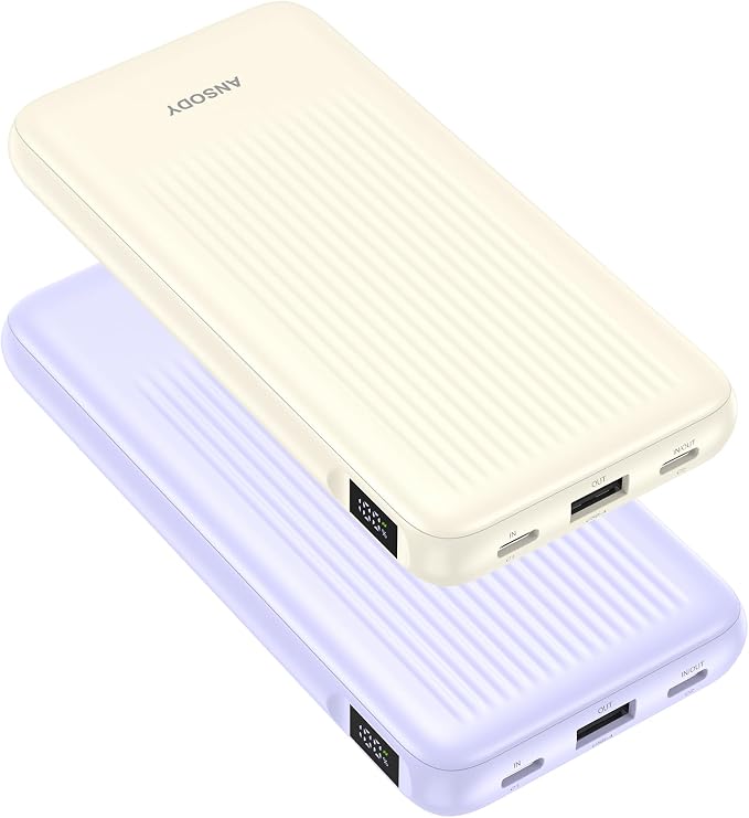 2-Pack Power Bank, 10000mAh 22.5W Fast Charging Portable Charger | Travel Essential, 2 Outputs & 2 Inputs, Slim USB C Digital Display Battery Pack for iPhone Galaxy iPad Tablets,Purple & Beige by Ansody