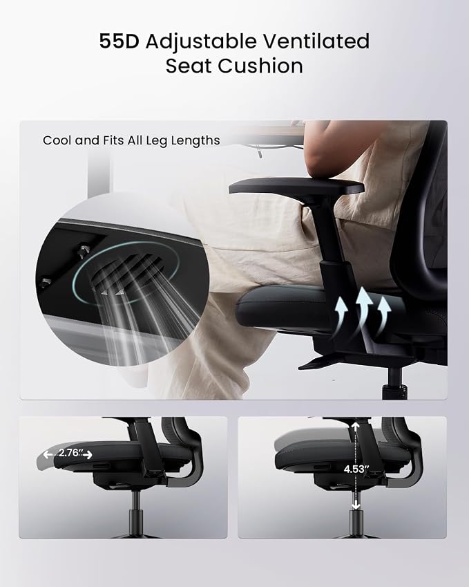 ProtoArc Flexer Ergonomic Office Chair for Women, Black | Foam Sliding Seat, Airflow Mesh Back, Hair-proof Casters, Easy Assembly, Fits 5'1"-6'0", Sleek Minimalist, for Small Spaces - Image 5