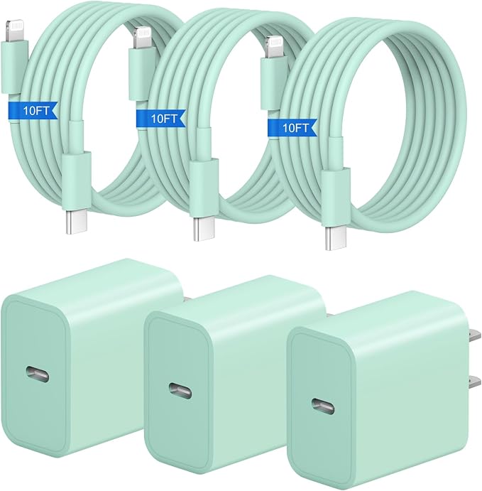 iPhone Fast Charger 3+3Pack 20W USB C Wall Charger with Extra Long 10FT Fast Charging Cable Compatible with iPhone 14/13/12/11/Pro/Pro Max-Green by STAMISH