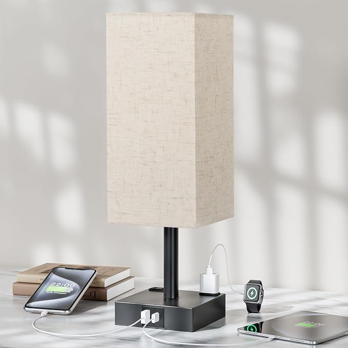 Beige Touch Table Lamp for Bedroom - Dimmable, USB C+A, 2 AC Outlets | 3-Way Dimming, 3000K Bulb Included, Square Beige Lampshade and Black Base, Desk Lamp for Nightstand, Living Room, Dorm - Image 7