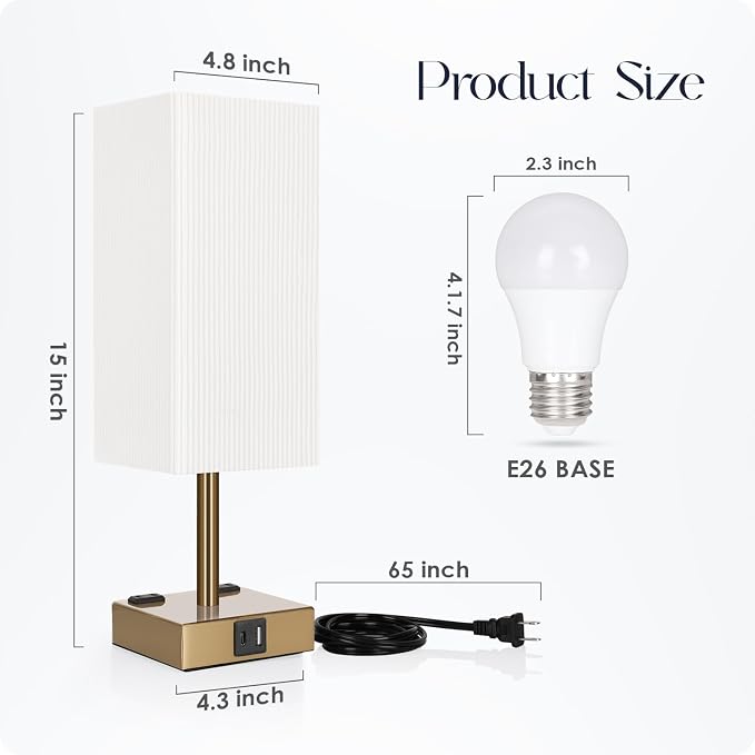Set of 2 Bedside Table Lamp 3 Way Dimmable Nightstand Lamp with USB C & USB A Charging Port, 2 AC Outlets, 3000K LED Bulbs (Pleate) - Image 7