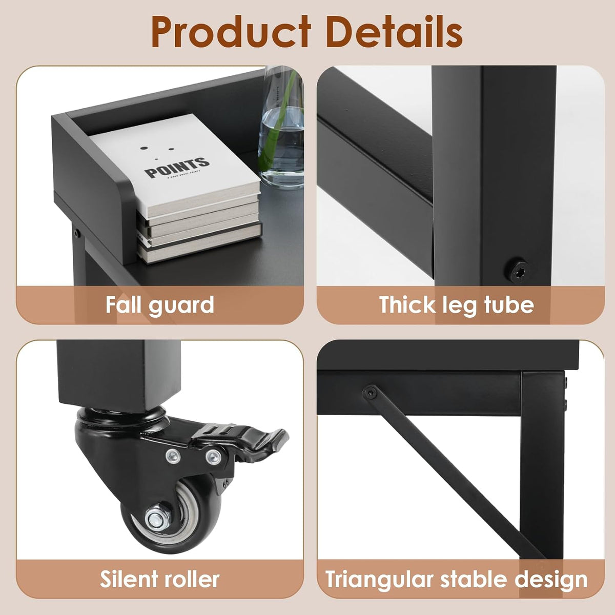 Overbed Table with 360° Wheels, Queen Size Mobile Bed Desk, Black - Image 3
