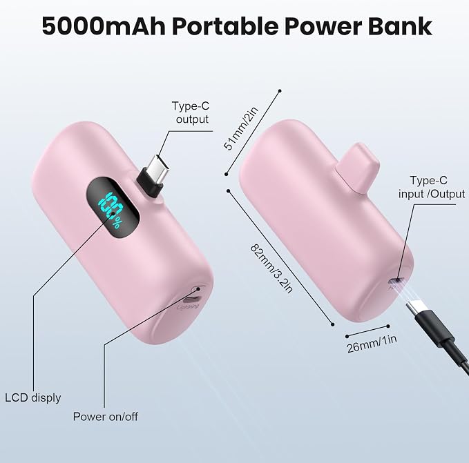 Mini Portable Charger USB C Power Bank,Upgraded 5000mAh PD Fast Charging Battery Pack Built-in USB-C Connector Travel Essential for iPhone17/17Pro/17Pro Max/Air/16 Plus/16Pro Max/15 Series,Android etc - Image 5