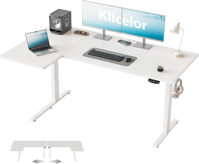 Klicelor L Shaped Standing Desk, 55 Inch Electric Height Adjustable Desk with Memory Preset, Reversible Sit Stand Up Computer Workstation for Home Office, Splice Board, White by Unknown