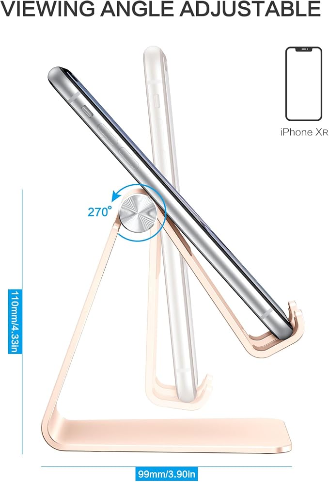 OMOTON Adjustable Cell Phone Stand, C2 Aluminum Desktop Phone Dock Holder Compatible with iPhone 15 14 13 Pro, SE, XR, 8 Plus 7 6, Samsung Galaxy, Google Pixel and More, Gold | Sturdy 3mm Aluminum, Charging Port, 270° Adjustable, Non-Slip Silicone Pads... - Image 4