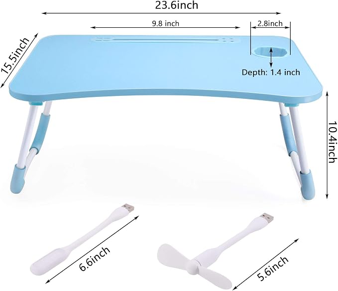 Slendor Foldable Lap Desk with Cup Holder for Bed, Couch, Floor | Portable,with USB Light, Fan, Pen Holder,Tablet Holder,for Laptop,Writing,Eating,Blue - Image 6