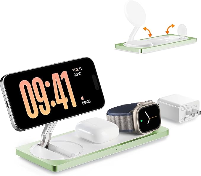 3 in 1 Wireless Charging Station for Apple Devices with MagSafe | For iPhone 17/Air/16/15/14/13/12, AirPods & Apple Watch, Foldable Portable Aluminum Charging Stand, Adapter Included by Petino