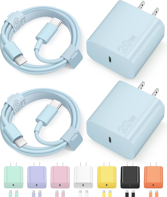 iPhone 17 16 15 Charger Fast Charging Type C Chargers USB C Charger Block | for iPhones, iPads,Tablets,Android phones,20W iPhone Charger USB-C Power Adapter,with Long 6FT USB C Charging Cables(Blue) by NOVOBIT