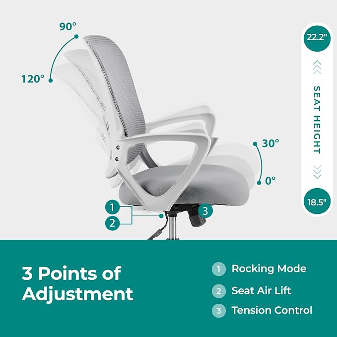 OLIXIS Home Office Chair, Mesh Desk Chair, Ergonomic Lumbar Support | Mid Back Computer Ergonomic, Height Adjustable Swivel Task, Large Seat Armrest, Adults, Grey - Image 4