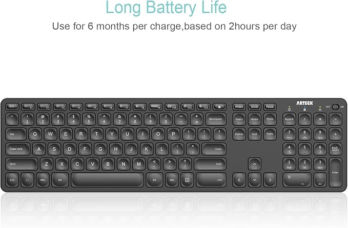 Arteck 2.4G Wireless Keyboard Ultra Slim Full Size Keyboard with Numeric Keypad and Media Hotkey for Computer/Desktop/PC/Laptop/Surface/Smart TV and Windows 10/8/ 7 Built-in Rechargeable Battery - Image 4