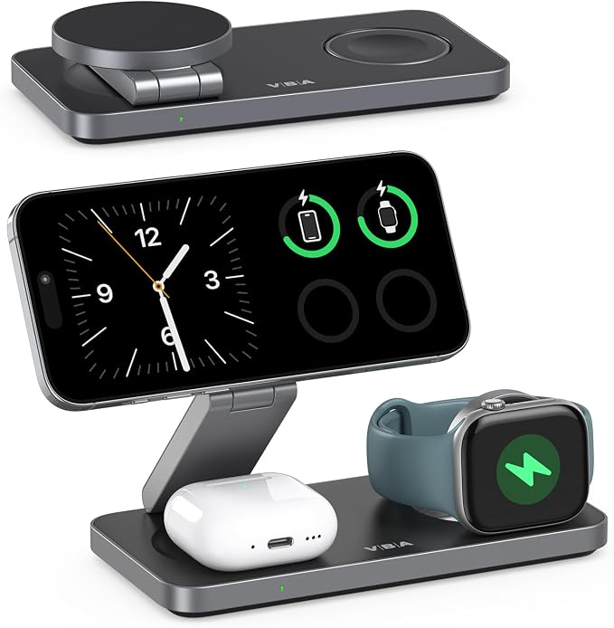 VBA 3 in 1 Wireless Charging Station for Apple MagSafe Charger,Foldable Fast Charging Magnetic Wireless Charger Stand,Travel Charger for iPhone 17 Air 16 15 14 13 12,Apple Watch,AirPods (Black) by Unknown