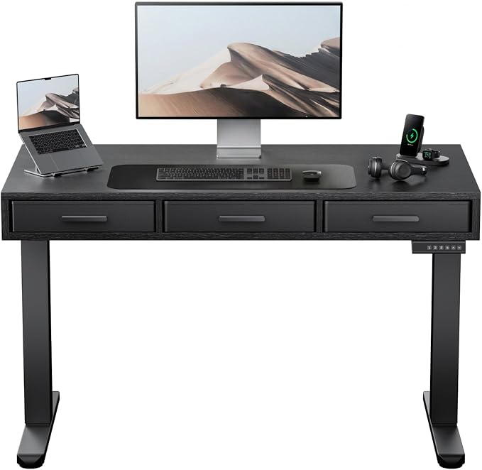 HUANUO Electric Standing Desk with Drawers, C-Clamp Mount Compatible, 40 x 22 Inch Height Adjustable Sit Stand Desk, Fabric Drawers, Home Office Stand Up Desk with 4 Custom Height Settings, Black by HUANUO
