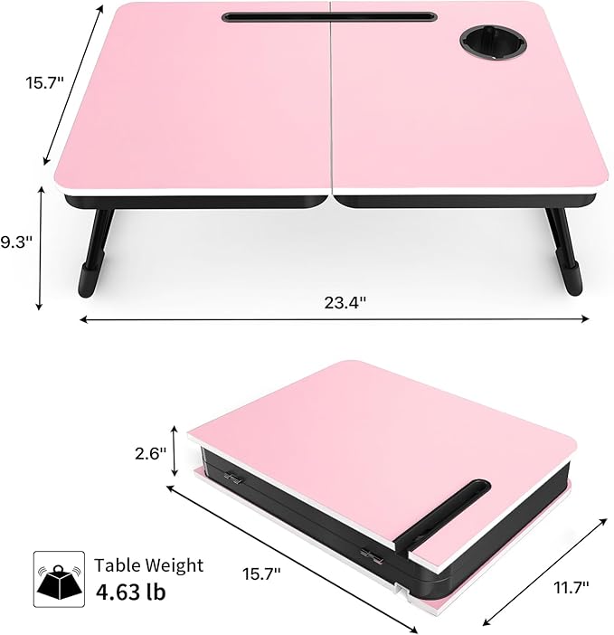 BUYIFY 23.4" Foldable Lap Desk Bed Table with Cup Holder Portable Tray | Folds Flat for Easy Storage, No Assembly Laptop Bed Desk, Sturdy and Lightweight, Patent Design,Pink - Image 2