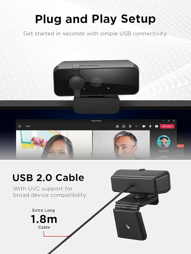Lenovo Essential FHD Webcam Gen 2, Full HD, 1080p, Dual Microphones, 85 Degree FOV, 30 fps, USB-A Connection, Bulit-in Manual Privacy Shutter, Black - Image 6