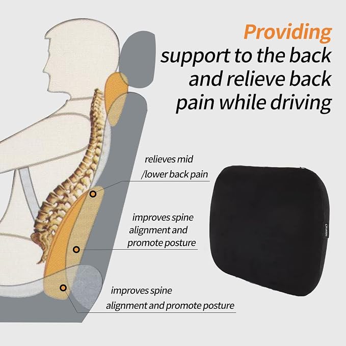 Lower Back Automotive Lumbar Support Pillow for Car Recliner Cushion Black | Soft Latex Memory Foam Suede, Home Office Chair Desk Accessories, Thin Waist Pain Relief, Driving Seat Relax, Ergonomic - Image 4