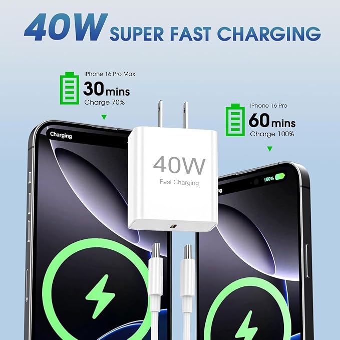 USB C Charger Block，2-Pack 40W Type C Chagrer Fast Charging with 4FT&6FT Fast Charging Cable Compatible with i Phone 17/17 Plus/17 Pro/17 Pro Max/16/16 Plus/16 Pro/16 Pro Max/15/15 Pro Max - Image 2
