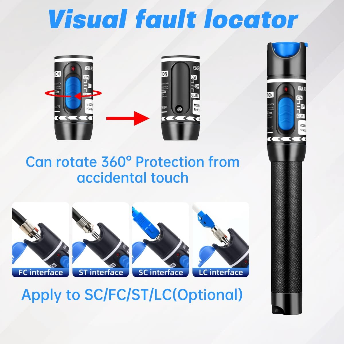 Moocci 3 Pcs Visual Fault Locator Fiber Optic Tester - Fiber Optic Cable Tester Meter with FC to LC Adapter - Tools Kit for FC/SC/ST/LC Connector,Network Cable Test - Green Purple Blue - Image 4