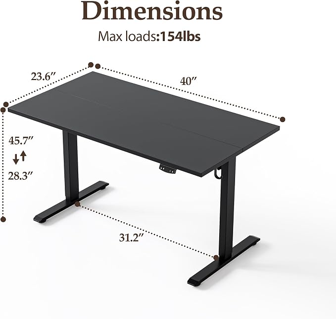 Klicelor 40 Inch Electric Standing Desk, Height Adjustable Office Desk, Sit Stand Up Computer Desk with Memory Preset, Two-Piece Desktop, Black - Image 3